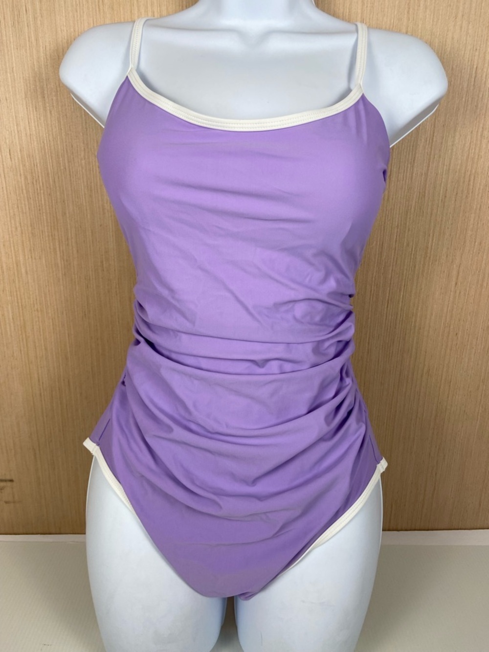 Eomenie Purple Ruched One Piece Swimsuit White Trim Size L NWT
